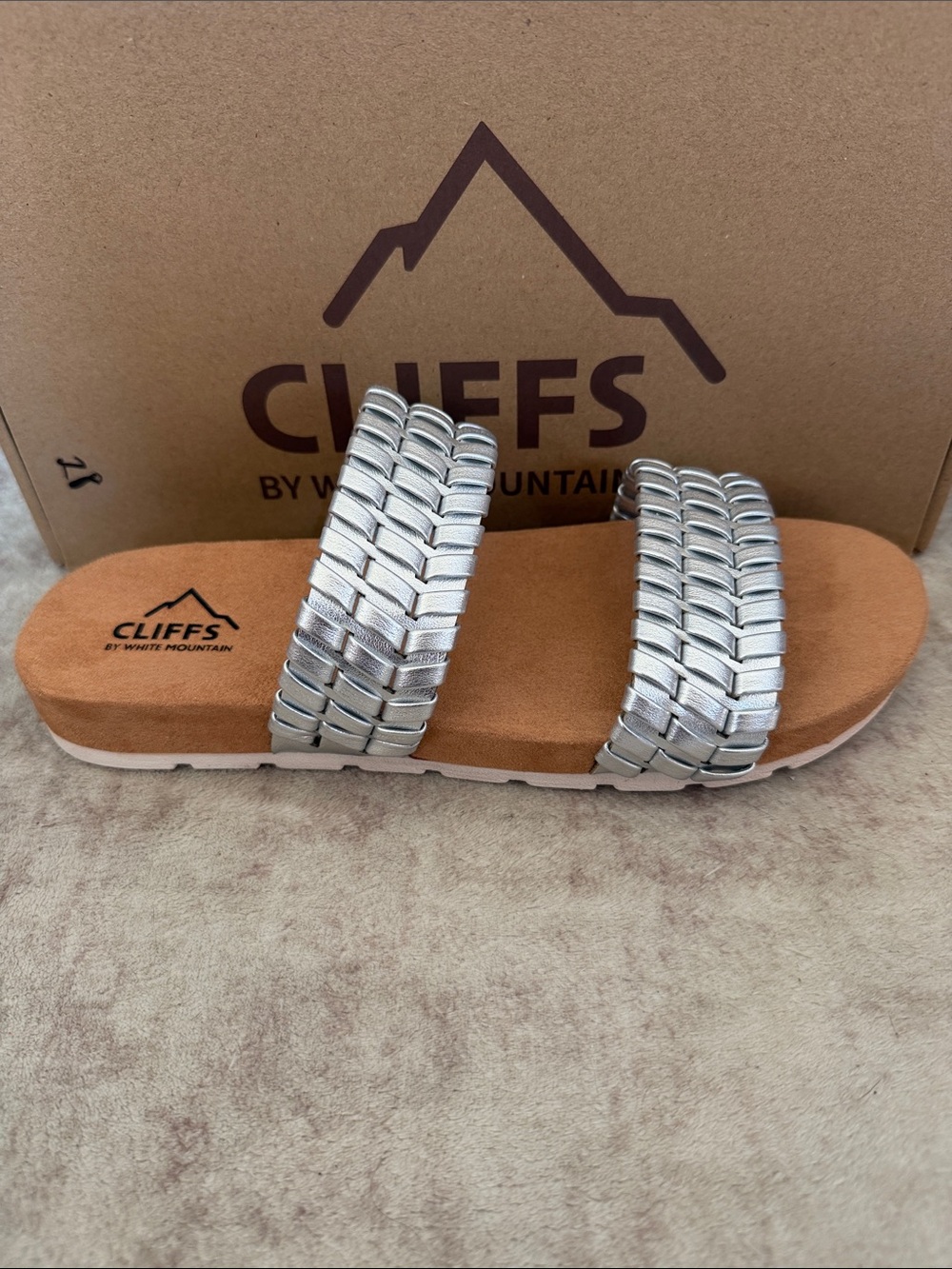 Cliffs by WHITE MOUNTAIN Thankful Silver Braided Double-Strap Slide Sandals